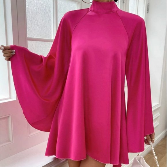 . Dresses & Skirts - Pink Mock Neck  statement Trumpet Sleeved Backless Mini Dress
